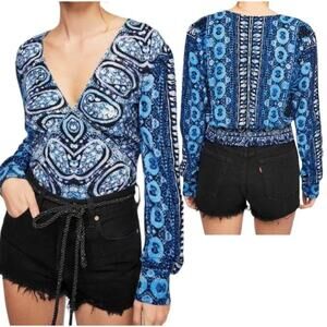 Free People Boho Paisley Print Pattern Blue Blouse Top Long Sleeve Bohemian
